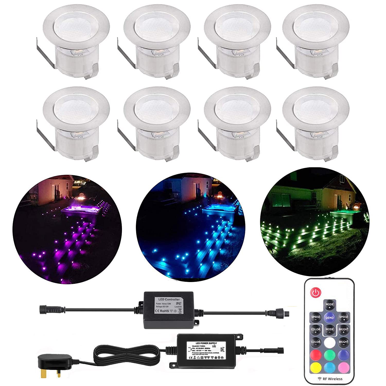 Cislan Rgb Cisaln Led Decking Lights,Outdoor Waterproof Plinth Deck Lights,High Brightness Buried Garden Light For Decking Lighting, Kitchen Plinths, Bathroom Lights Pack Of 8 (Rgb) [Energy Class G]