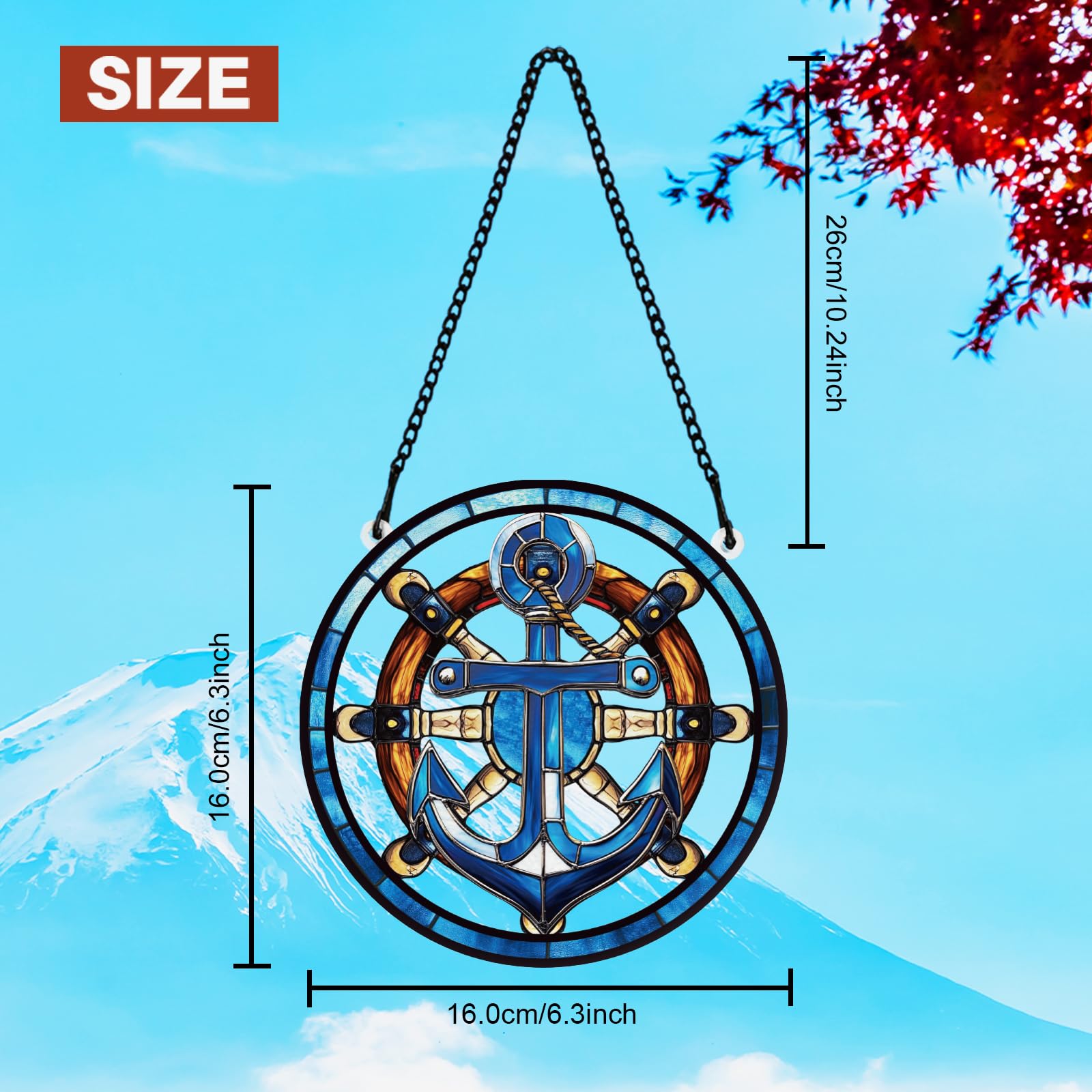 PLIGREAT Painted Rudder Anchor Stained Suncatcher Window Wall Art Hanging Ornament Blue Acrylic Light Catcher Art Crafts for for Garden Bedroom Home Indoor Outdoor Hanging Decor Women Men Gift - Image 4