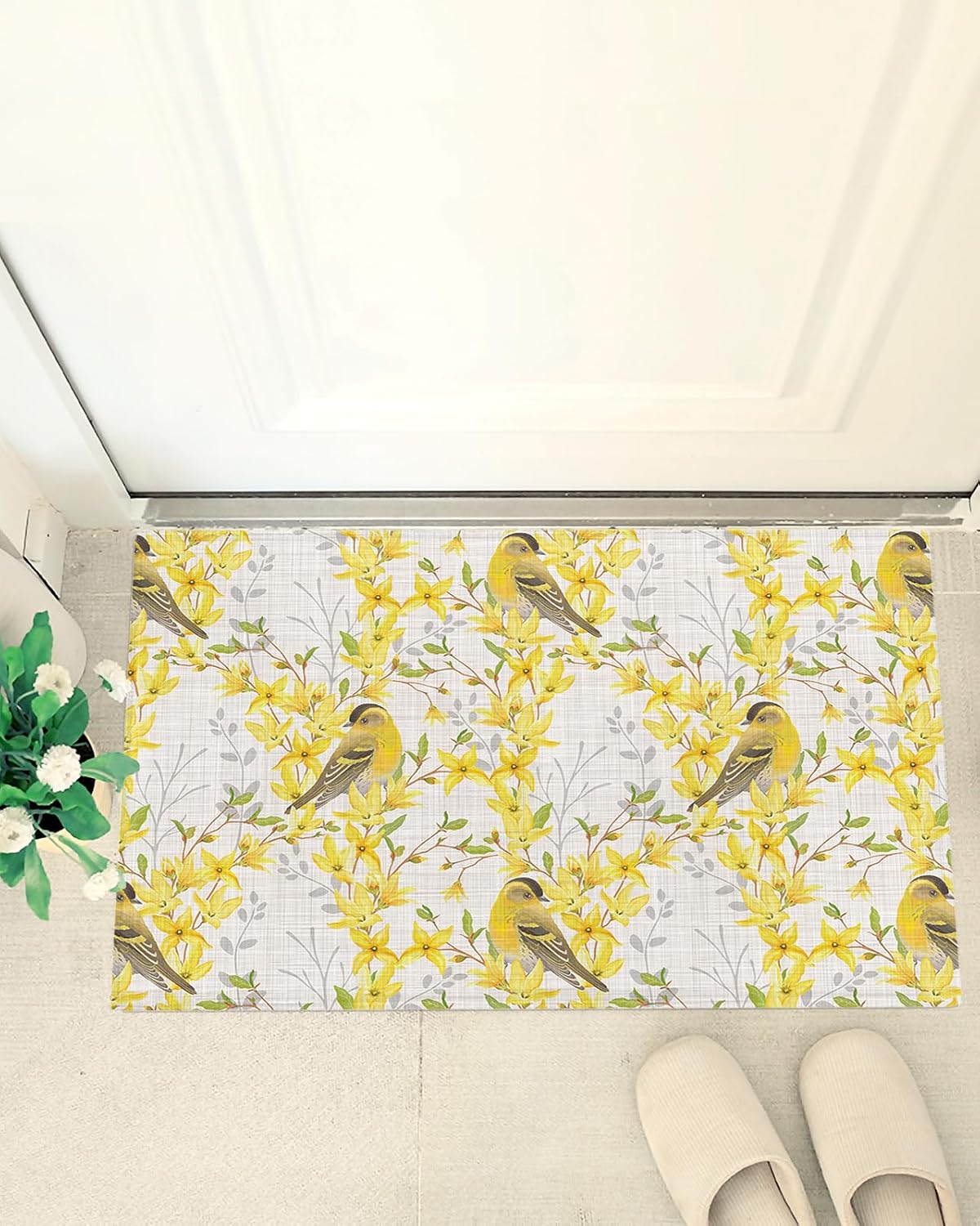 Shag Door Mats Bath Rugs Retro Yellow Robin Floral Tile,Soft Fluffy Doormats Non Slip Carpet Farm Bird Flower Retro Linen,Shaggy Fuzzy Area Throw Rug for Kitchen/Bathroom/Bedroom/Living Room 16x24In