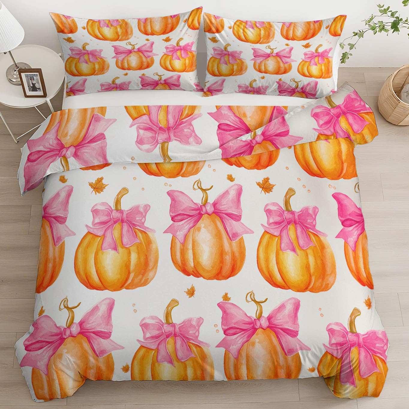Zestaw pościeli akwarela styl dynia z kokardką, poszewka na kołdrę z mikrofibry rozmiar king size 230 x 220 cm dwustronna poszewka na kołdrę łatwa pielęgnacja łóżko miękkie przytulne zestawy pościeli
