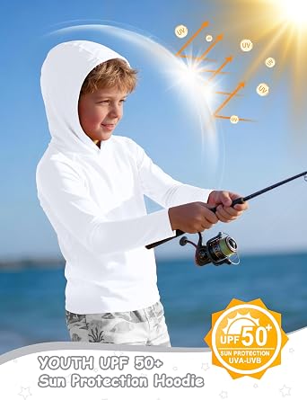 Boys Hooded Long Sleeve Rash Guard Swim Shirt, Youth Kids UPF 50+ Fishing Shirt, Sun Protection Hiking Beach Hoodie