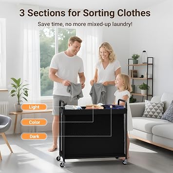 ELYKEN Laundry Hamper 3 Section, 120L Rolling Laundry Sorter with Wheels