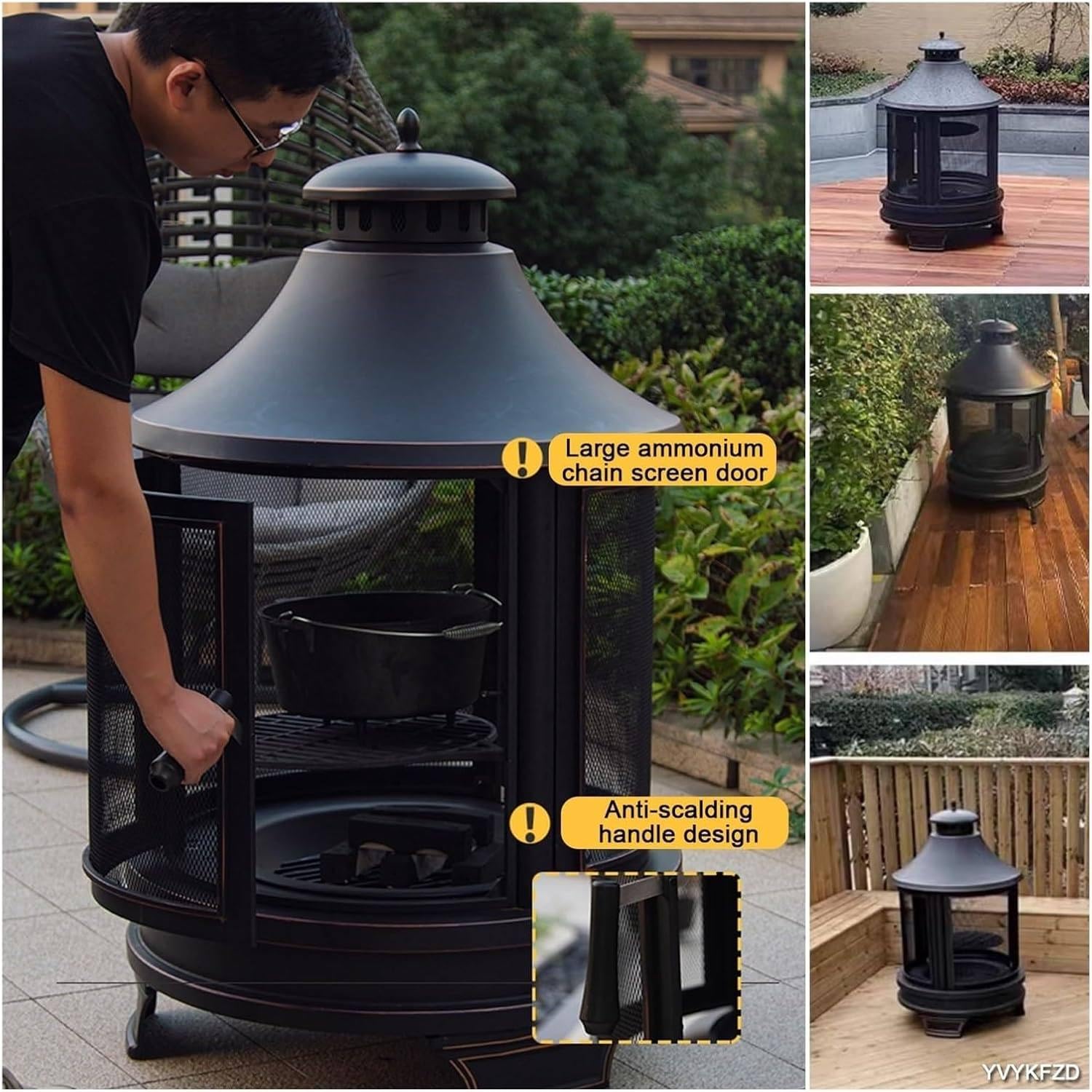 Braciere quadrato per esterni, a legna, con griglia di cottura, 49,5 x 30,5 cm (altezza x larghezza), per giardino, cortile, cortile, barbecue, design pagoda