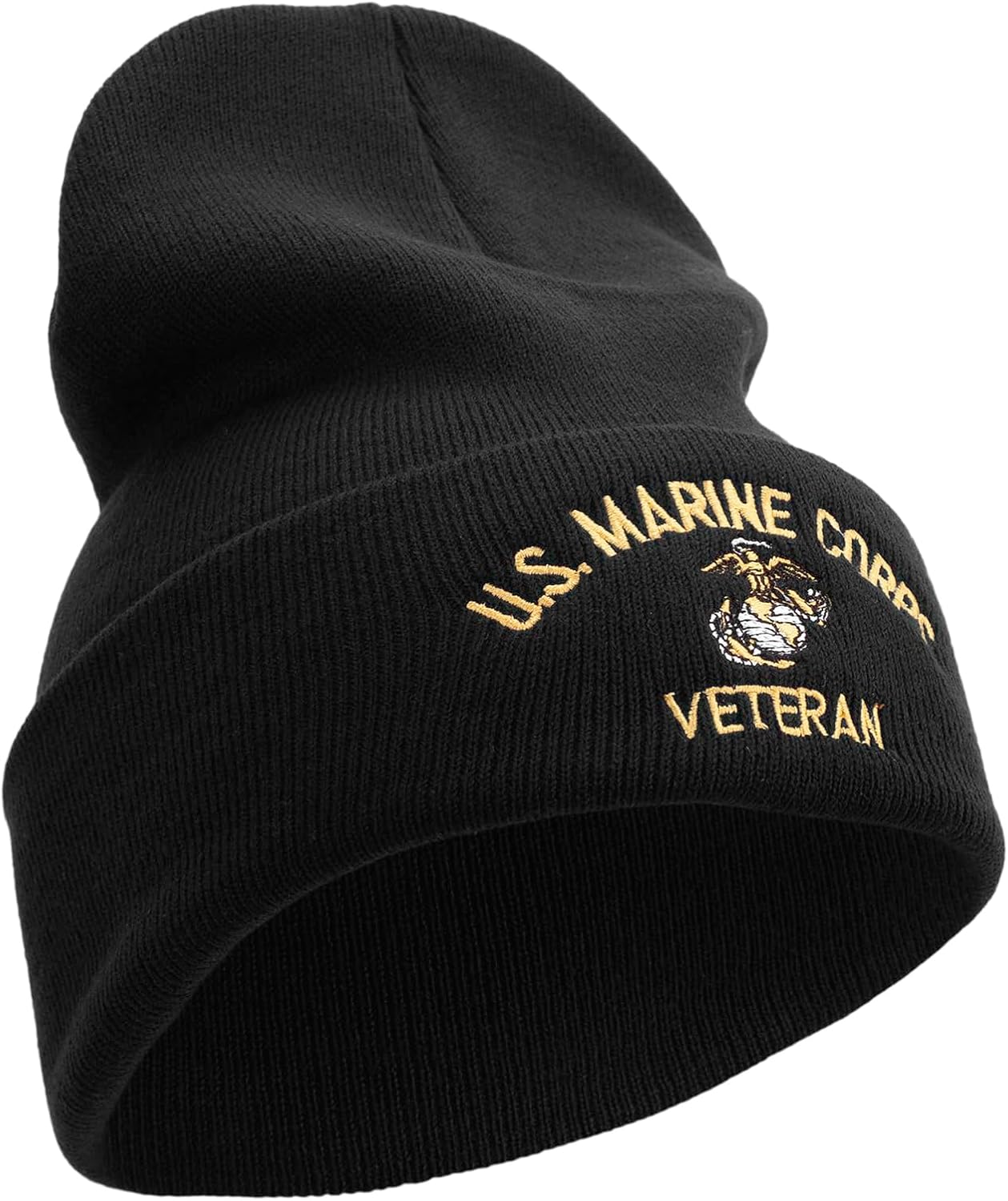 US Marine Corps Veteran Logo Embroidered 12 Inch Solid Knit Cuff Long Beanie Made in USA