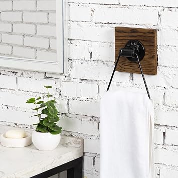 MyGift Bathroom Hand Towel Holder, Towel Rack Ring 5.5x8.7 inch for Kitchen, Laundry Room, Matte Black Industrial Metal with Rustic Solid Burnt Wood
