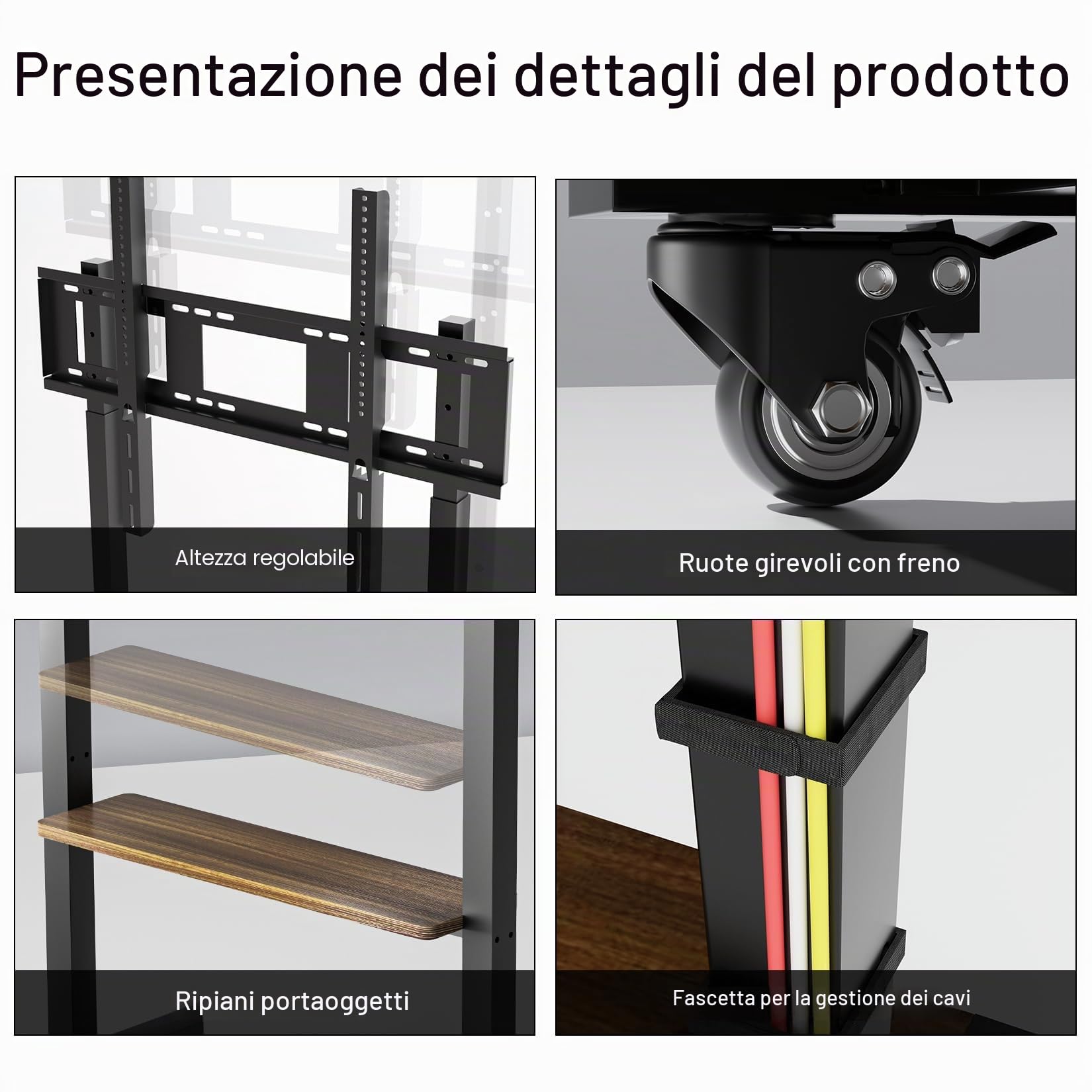UNHO Supporto TV da Pavimento con Ruote per Schermi 40-100 Pollici: Supporto TV Mobile con Rotelle, Peso Max 100kg Max VESA 800x600mm, Regolabile in Altezza, Ripiani in Legno