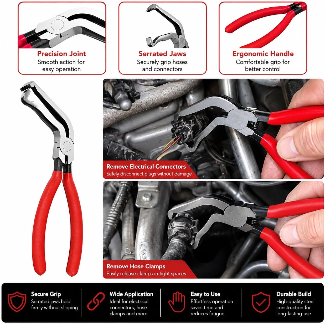 Electrical Disconnect Pliers Set, 5PCS Automotive Connector Removal Tools for Fuel Line, Sensor, Injector & Ignition Coil, with Storage Case (Red)