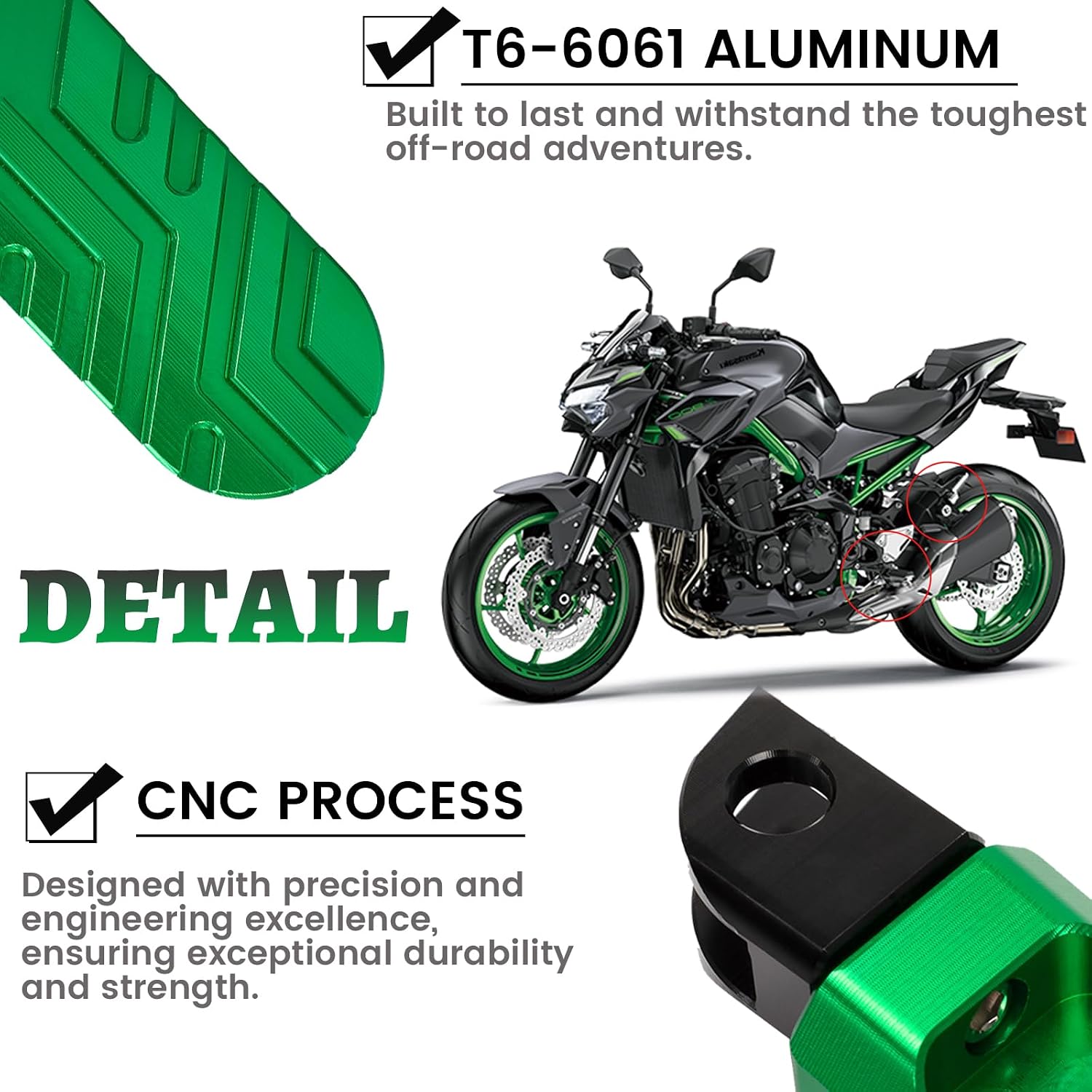 XINGWU Motorcycle Foot Pegs CNC Foot Rest Adjustable Non-Slip Foot Pedals for Ninja 400 650 1000SX 250SL ZX4R ZX4RR ZX6R ZX10R ZX14R ZX25R Z400 Z650 Z900 Z1000 ZH2 (Green, Front)