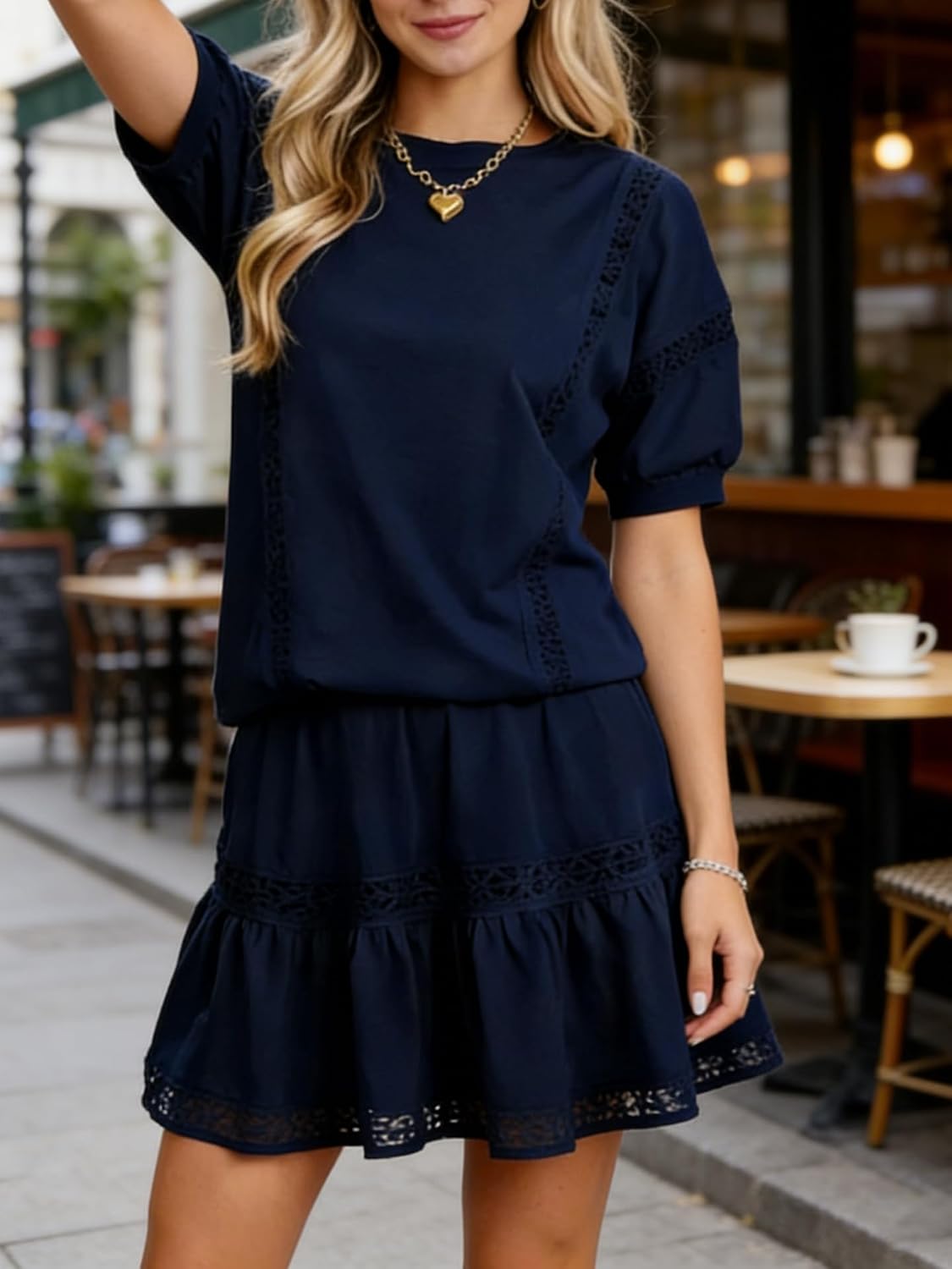 CAHRTOU Women Eyelet Two Pieces Short Sets Puff Short Sleeve Top Tiered Mini Skirt Y2k Lace Matching Lounge Sets