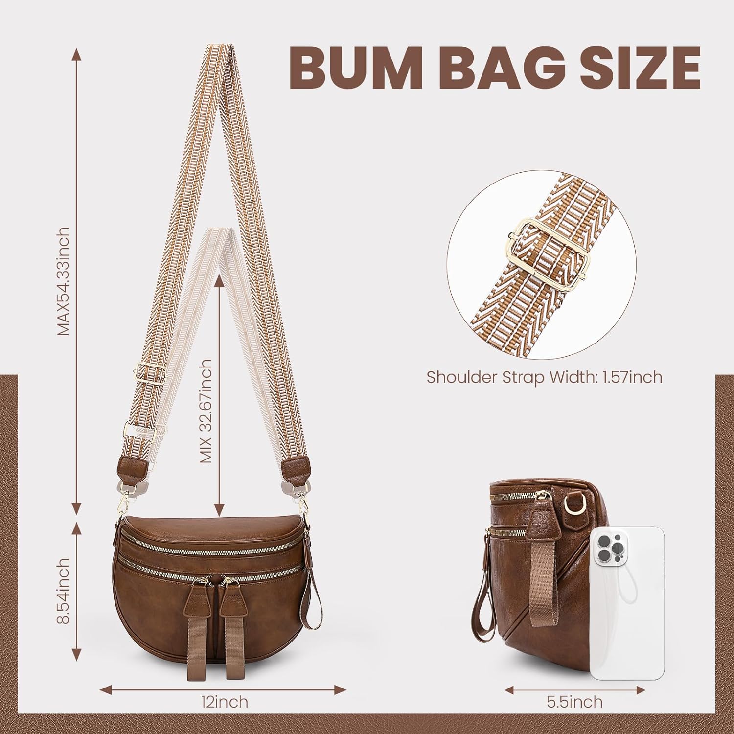 Large Leather Bum Bag for Women Crossbody Fanny Packs Large Sling Bag Purse with 2pcs Adjustable Strap Brown Leather Belt Wallet - Image 3