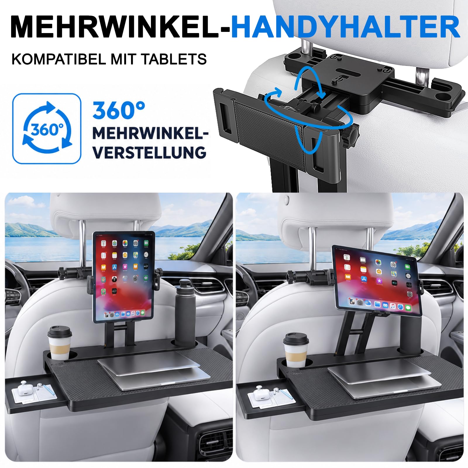 2 in 1 Auto Tisch für Beifahrer und Lenkrad | Klappbarer Auto Tisch für Rücksitz mit Getränkehalter und Handyhalter, Laptop-Schreibtisch für für Reisen, Arbeiten, Essen
