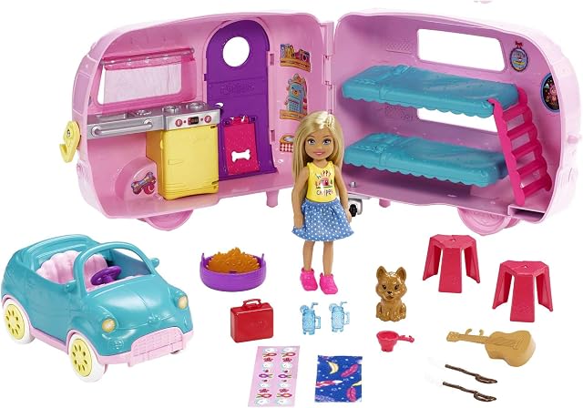 Barbie Club Chelsea Camper Playset with Chelsea Doll, Puppy, Car, Camper, Firepit, Guitar and 10 Accessories, Gift for 3 to 7 Year Olds, FXG90
