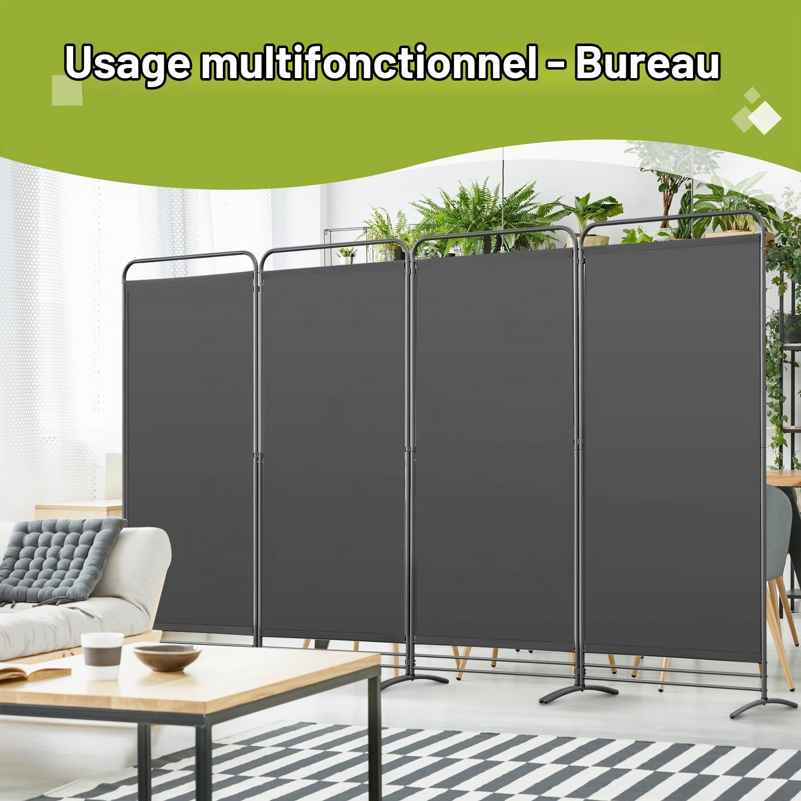 Angel Living Paravent 4 Panneaux Pliable Diviseurs de Chambre Séparateur de Panneaux Indépendant Paroi de Séparation Murale Séparation Visuelle pour Bureaux, Chambre à Coucher, 180 x 324cm (Gris)