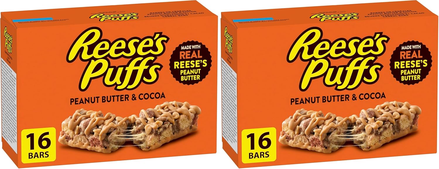 Reese's Puffs - Family Pack Size - Peanut Butter and Cocoa Flavour Cereal Bars, Pack of 32 Bars, Made with Real Reese's Peanut Butter