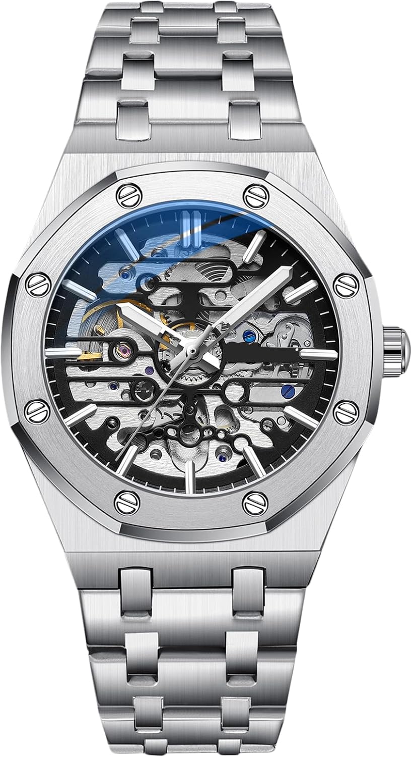 RORIOS orologi da polso meccanici automatici da uomo puntatore luminoso con cinturino in acciaio inossidabile quadrante scheletrato