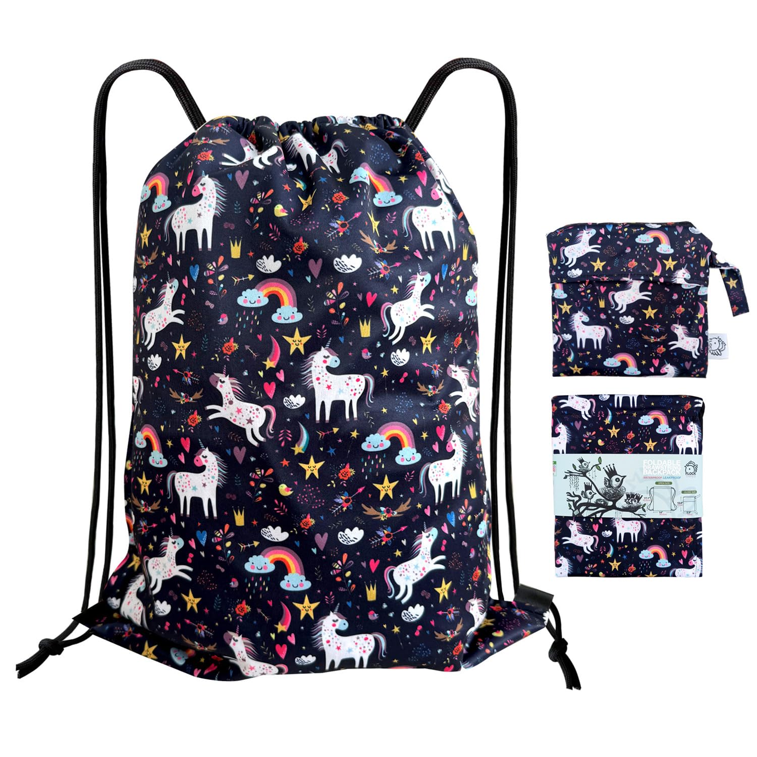FLOCK THREE Leakproof Drawstring Backpack Sports Gym Bag Large Capacity With Pocket for Sports Gym Travel Swimming Beach (Unicorns)