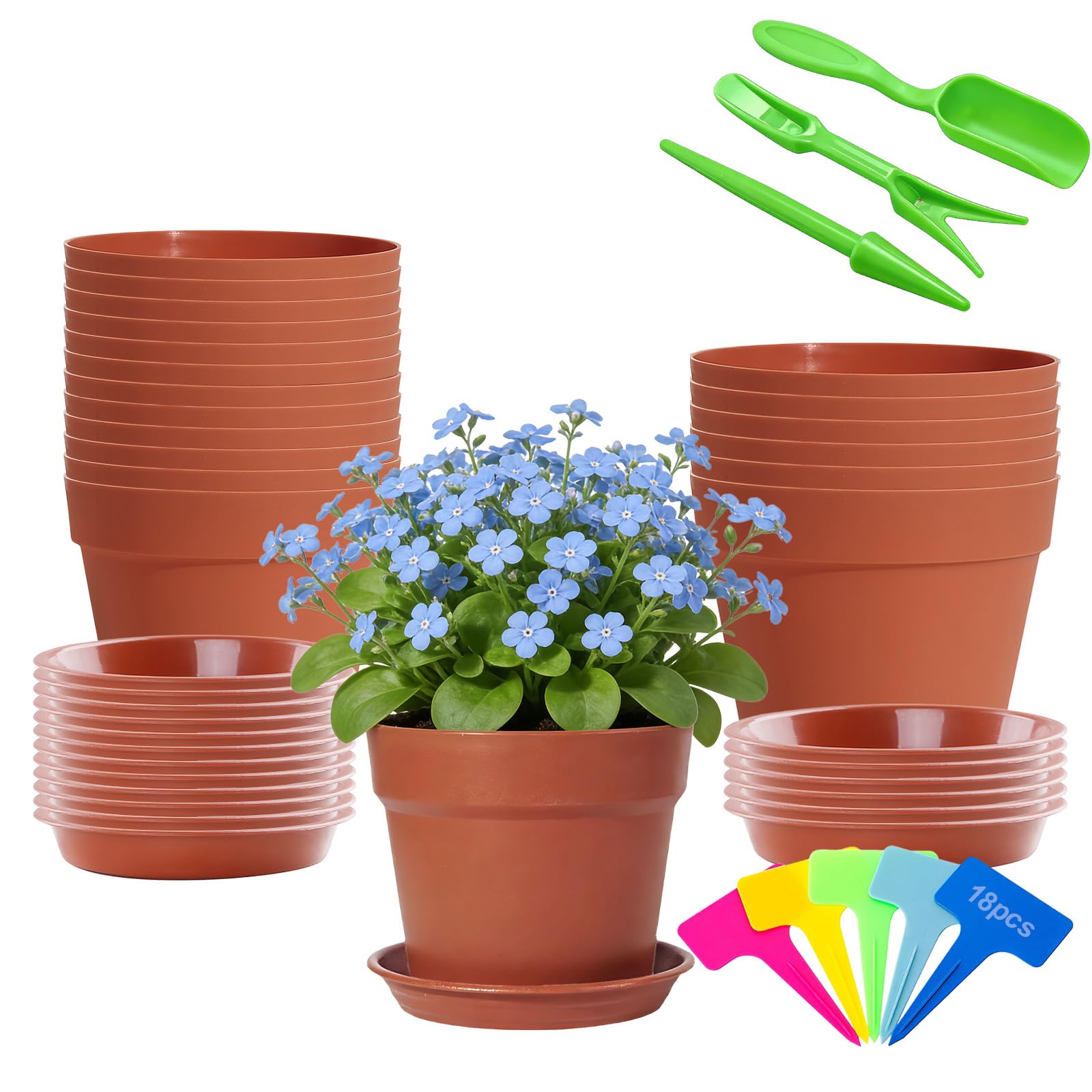 ANBET 18 Pcs 10cm & 12.5cm Small Terracotta Red Plastic Plant Pots Indoor Outdoor, House Seedling Pots with Drainage Holes and Tray & 18 Pcs Plants Labels Plant Tool Set, Succulent Flower Nursery Pot