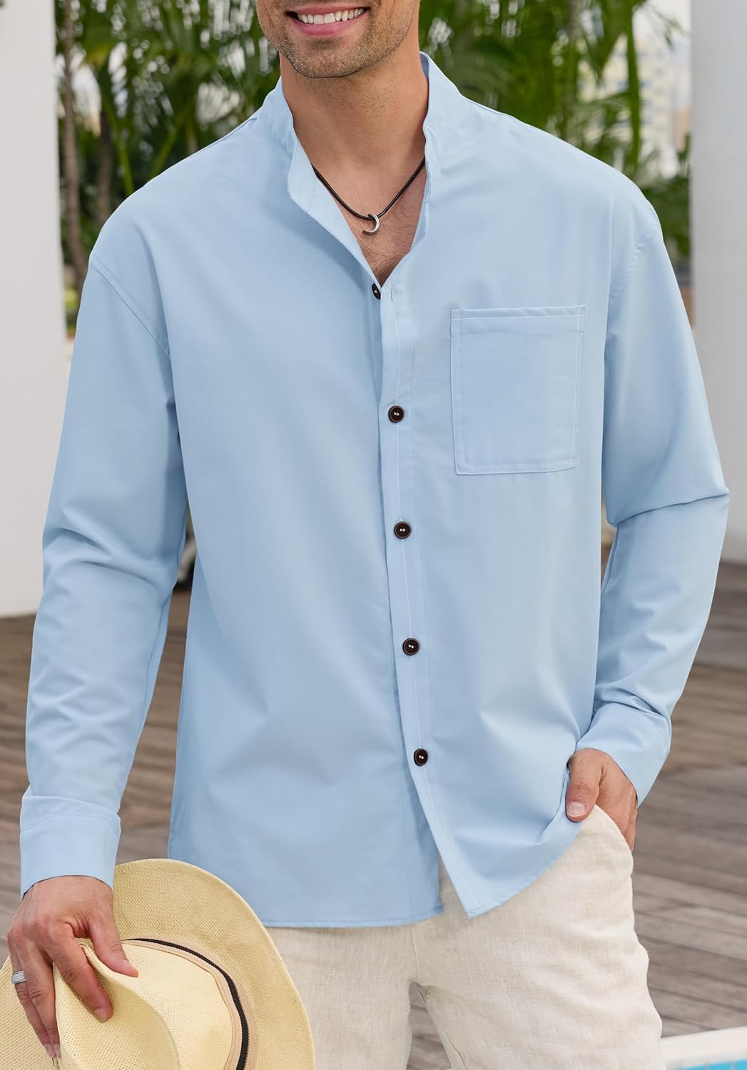 Mens Band Collar Shirts Vacation Casual Long Sleeve Button Down Tops with Pocket (S-2XL) - Image 2