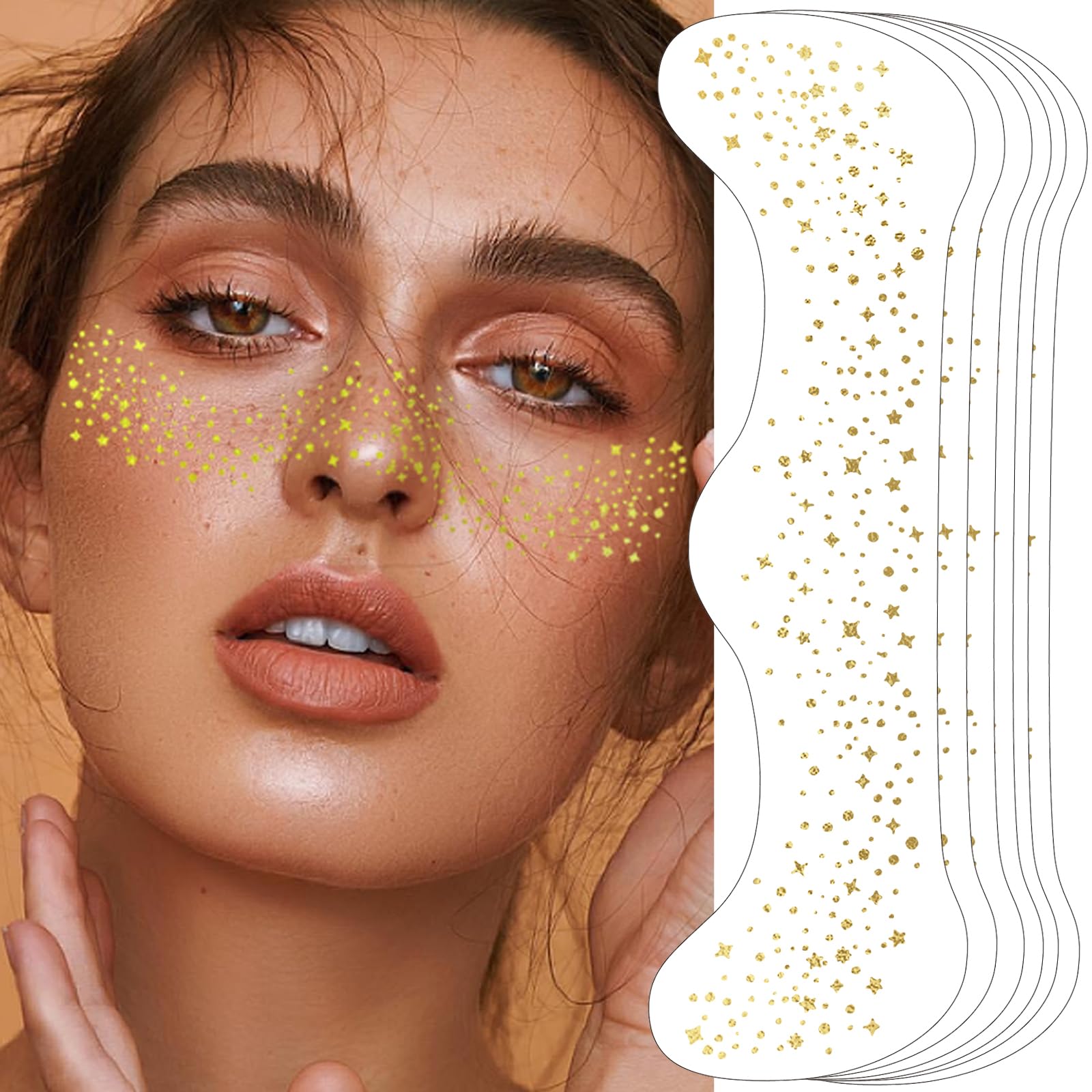 Glitter Freckles Face Tattoo - 6 PCS Gold Makeup Speckles, Glow Up Patches for Face