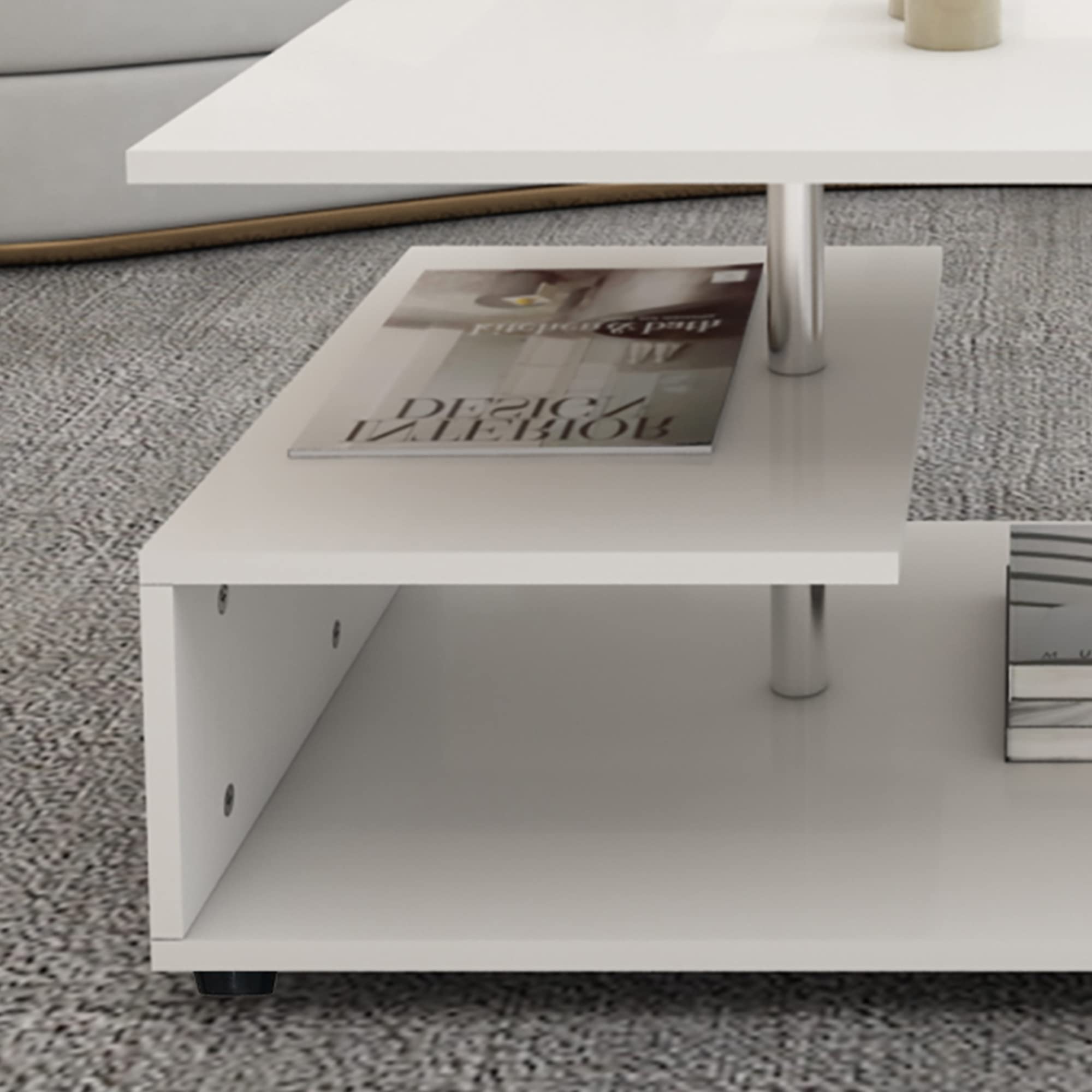 Tavolino Da Caffè ML-Design Bianco Con Barra Metallica - 91x41x52,6 Cm, 3 Ripiani, Design Moderno Per Soggiorno O Ufficio