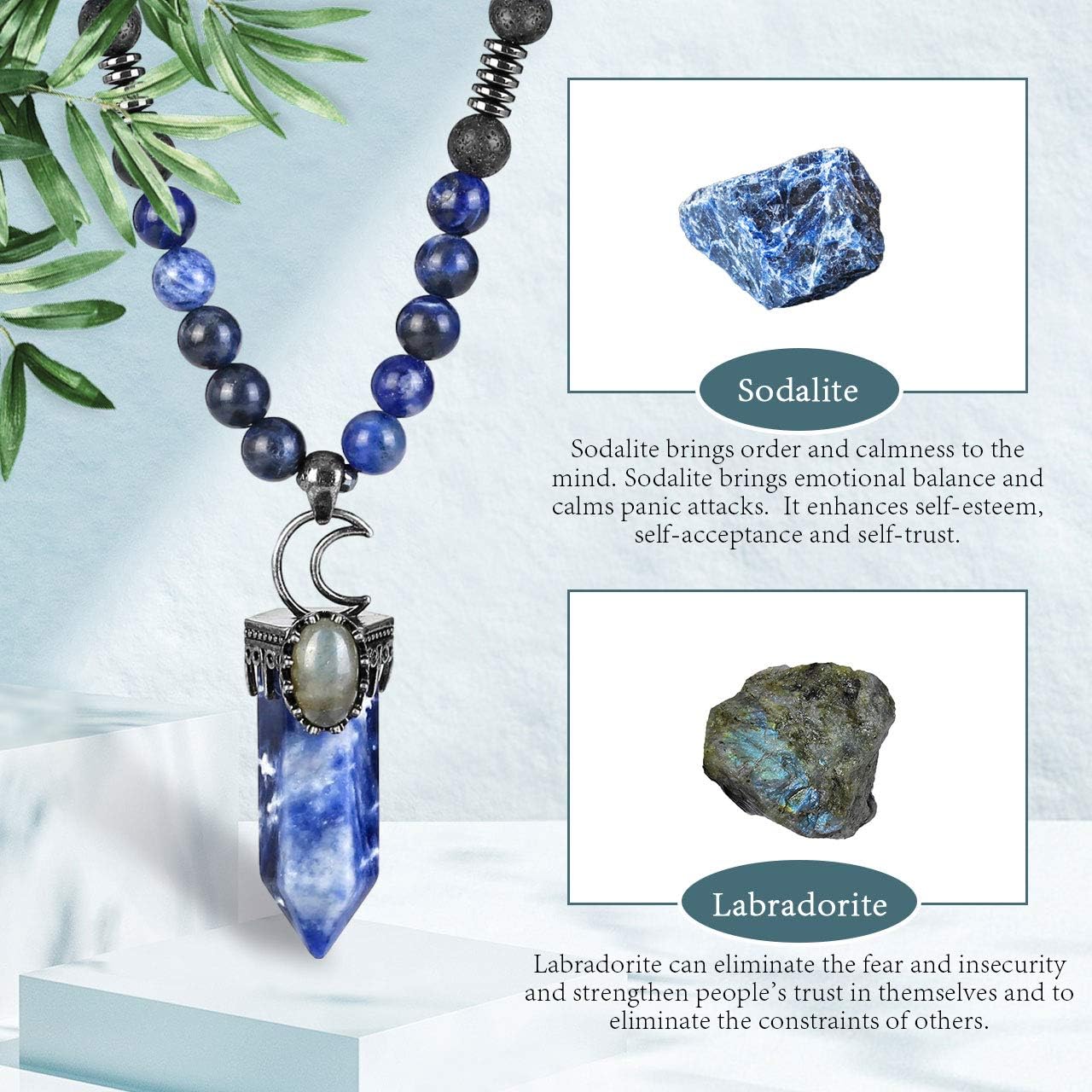 Miniatura 6 de Top Plaza Collar con dije de piedra natural curativa hexagonal puntiaguda con piedras preciosas y cristales curativos de luna creciente, joyería