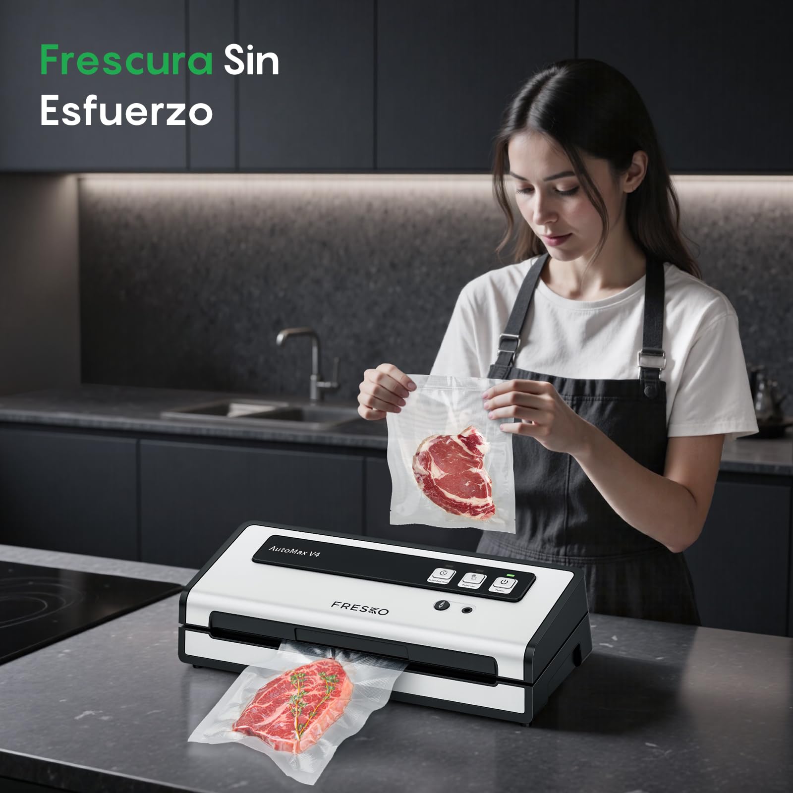 FRESKO Envasadora al Vacío Automática, 140W con Doble Sellado por Calor, Modo Seco/Húmedo, Uso con Una Mano, Incluye 10 Bolsas Pre-cortadas y 4 Kit para sellar tarros Mason (Automax V4)