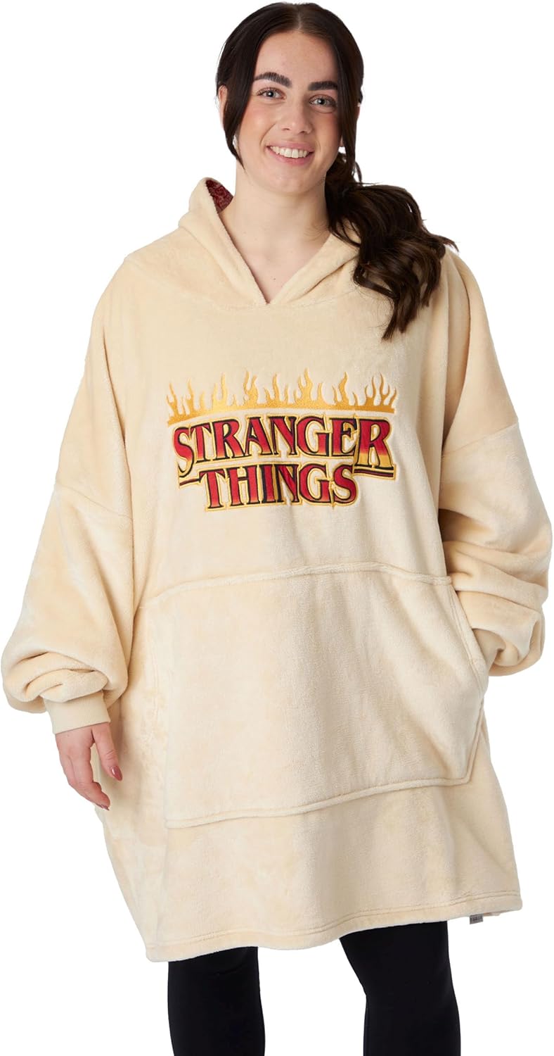Stranger Things Adults Wearable Blanket Hoodie | Men & Womens Oversized Cream Hooded Fleece Loungewear | Netflix Merchandise