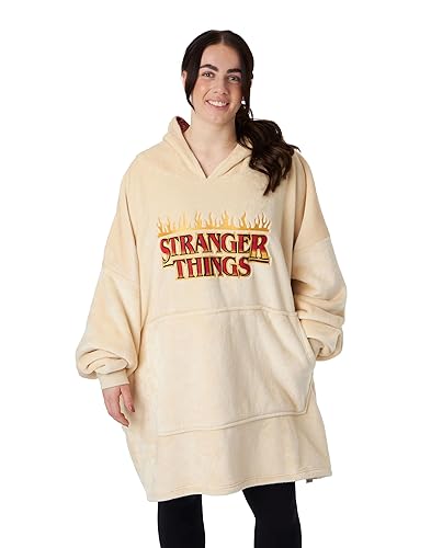 Stranger Things Adults Wearable Blanket Hoodie | Men & Womens Oversized Cream Hooded Fleece Loungewear | Netflix Merchandise