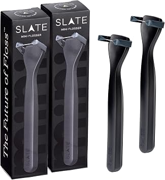 Slate Flosser Mini - Reusable Floss Pick with Gum Brush & Tongue Scraper, Dentist-Invented, PFAS/PTFE-Free, Travel-Ready | Black Mini Flosser 2-Pack