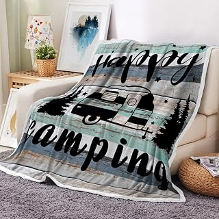 Camper Throw Blankets, Vintage Wooden Door Happy Camper Cozy Warm Bed Couch Blanket, RV Throw Blanket All Season White Fleece Flannel Throws to Decorate The Room and Bedroom