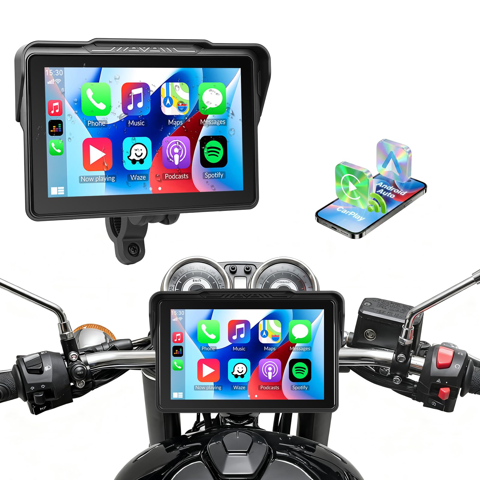 SIXTOP Pantalla Moto 7 Pulgadas, Carplay y Android Auto Inalámbrico para Motocicletas con Soporte Desmontable, Bluetooth, IP67 Impermeable, Control por Voz Siri
