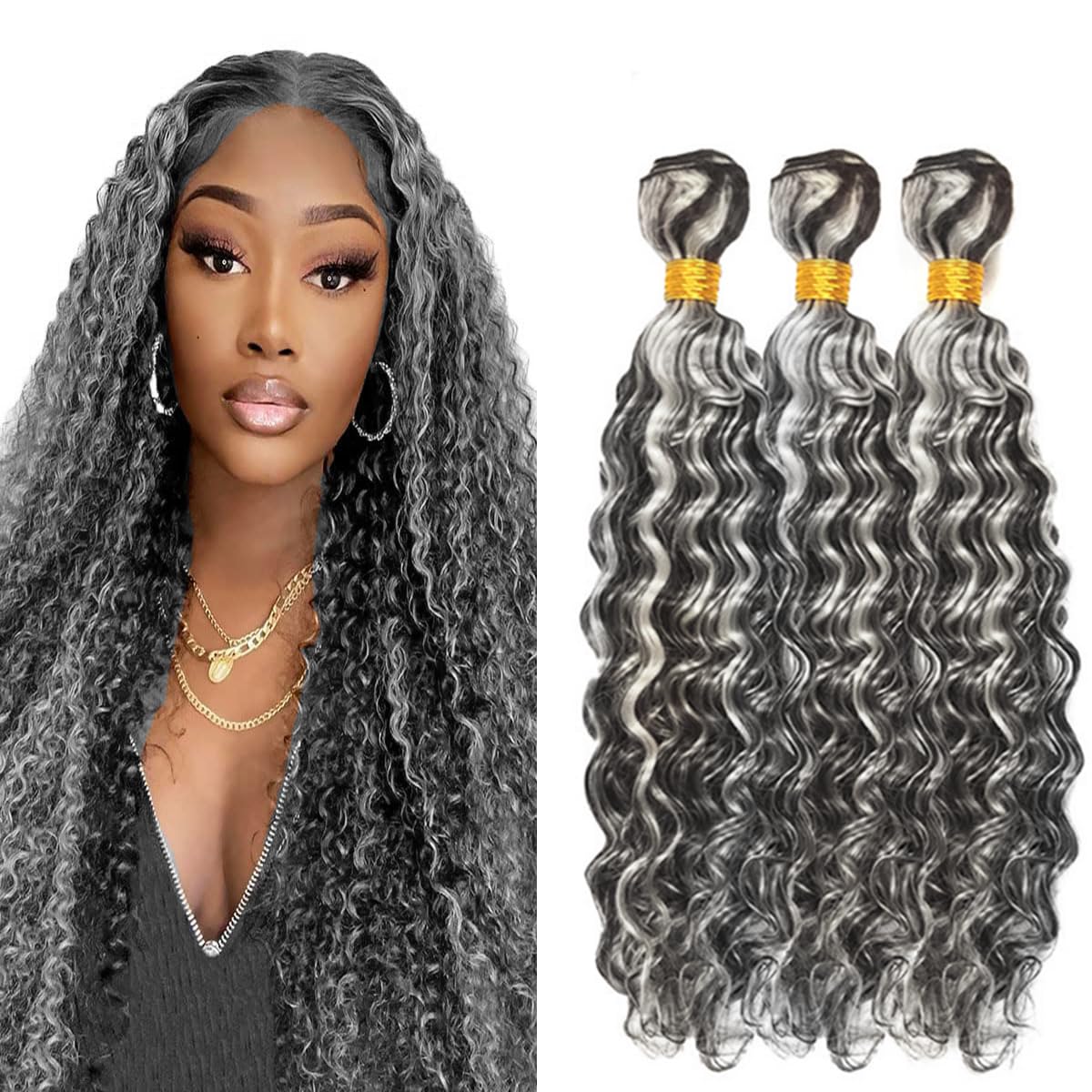 P4/Grey Bundles Human Hair Grey Deep Wave Bundles 20 22 24 Inch Unprocessed Virgin #4 Bundle Hair Extensions 20 22 24 P4Grey Deep Bundles