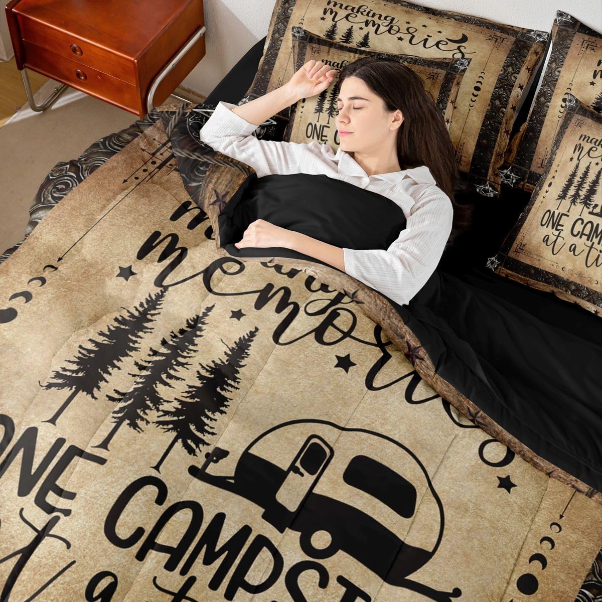 Erosebridal Camper Comforter Set 7 Pieces Bed in A Bag Twin Size, Happy Camping Comforter Rv Decorations for Inside, Vintage Rustic Farmhouse Sheet Set, Sun Moon Starry Sky Bedding Sets, Reversible