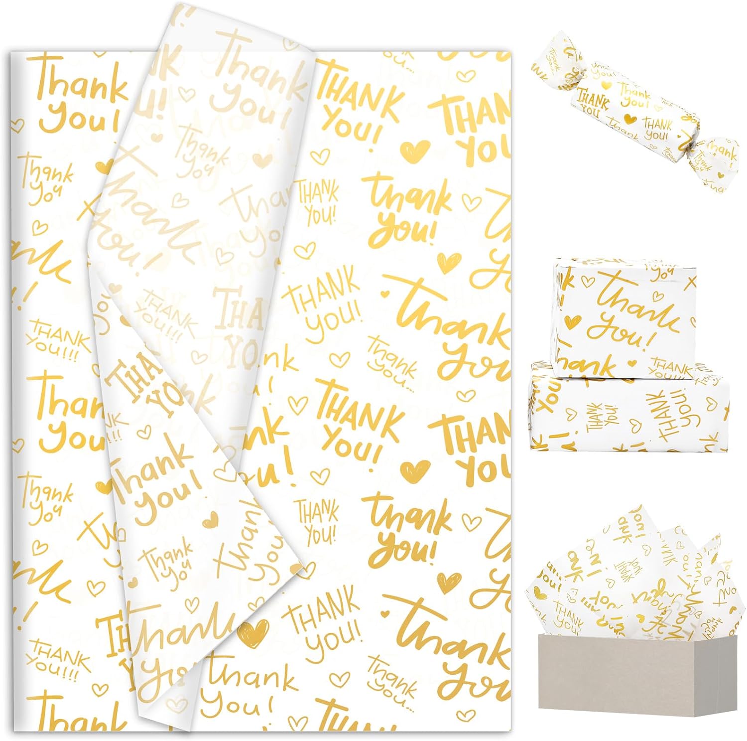 JarThenaAMCS 100 Sheets Thank You Tissue Paper Gold Gift Wrapping Paper for DIY Arts Crafts Holiday Wedding Baby Shower Birthday, 14 x 20 Inch
