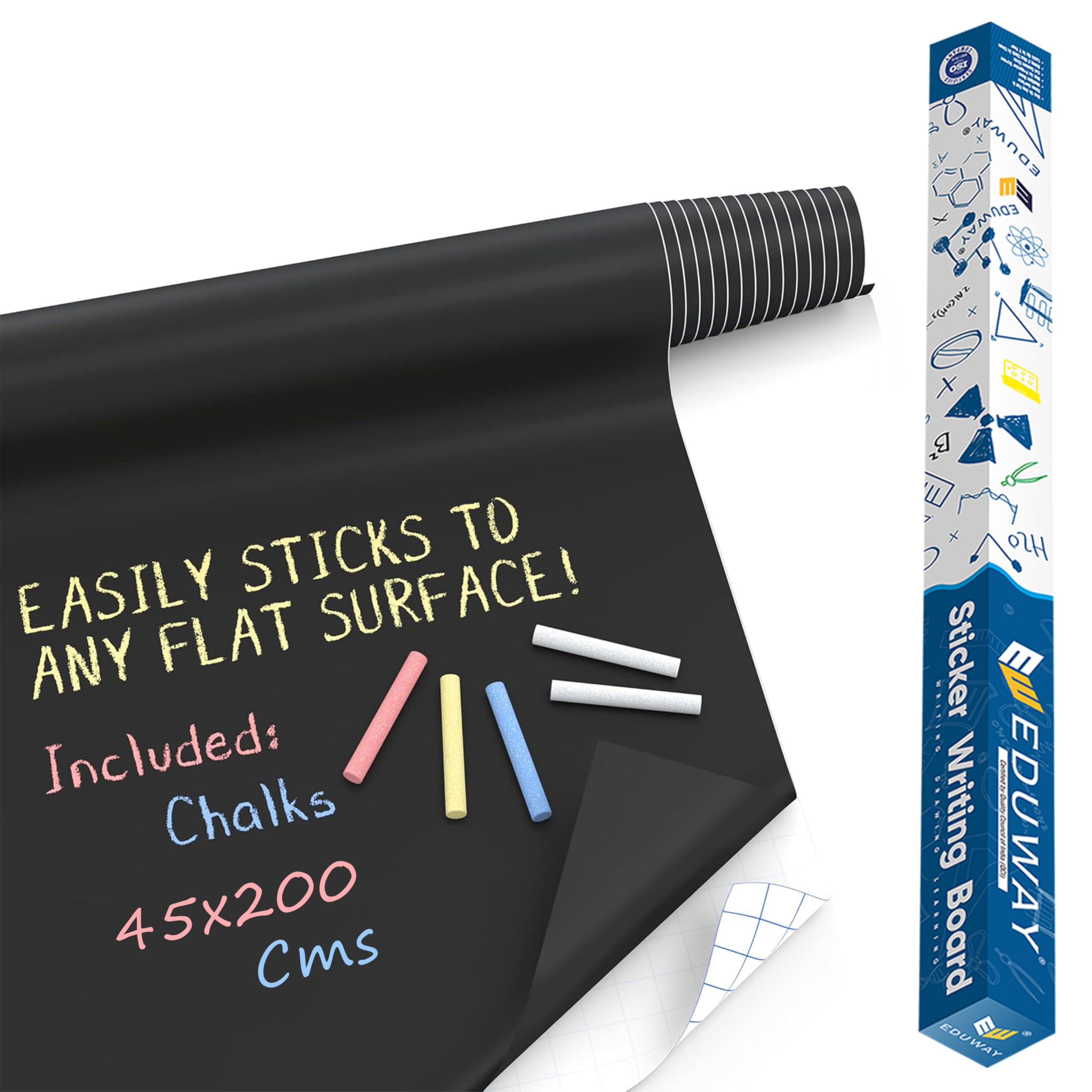 Eduway 45x200 Cms Black Board Sticker | Wall-Mounted Chalkboard Roll for Home, School, Kids & Office | Durable & Customizable Size | Includes 5 Colorful Chalks for Writing & Drawing.