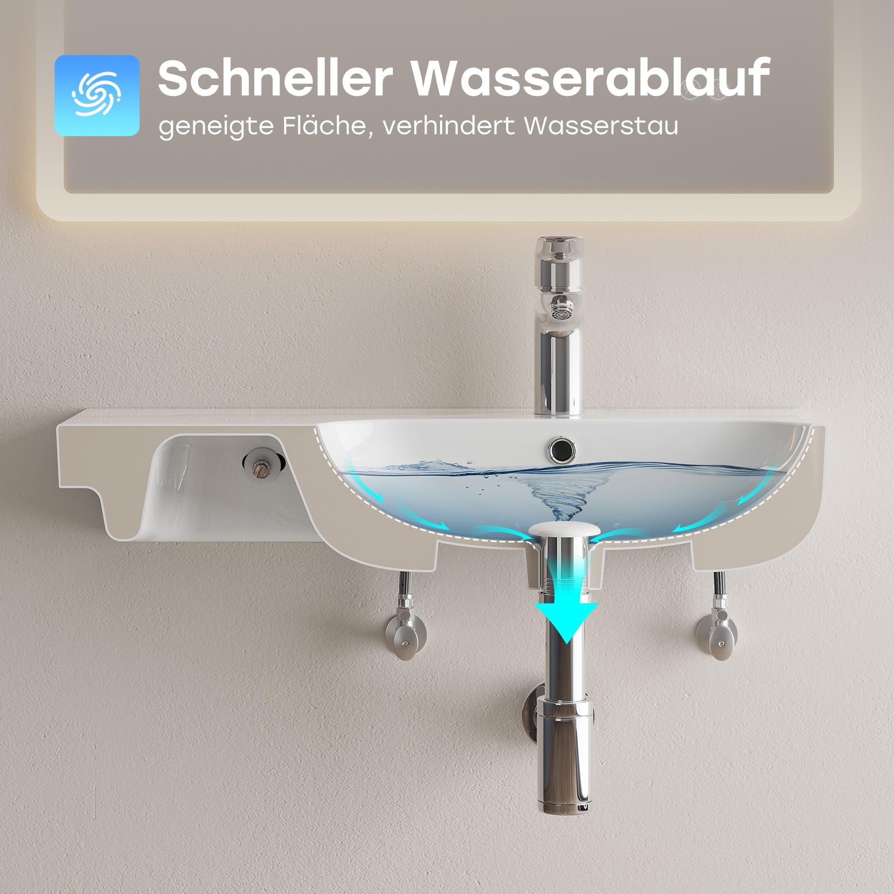 HOROW Waschbecken Bad Wandmontage mit Ablage 72x45 cm | Modernes Keramik Hängewaschbecken Waschtisch Bad für Badezimmer, Gäste WC & Garten, leicht zu reinigen