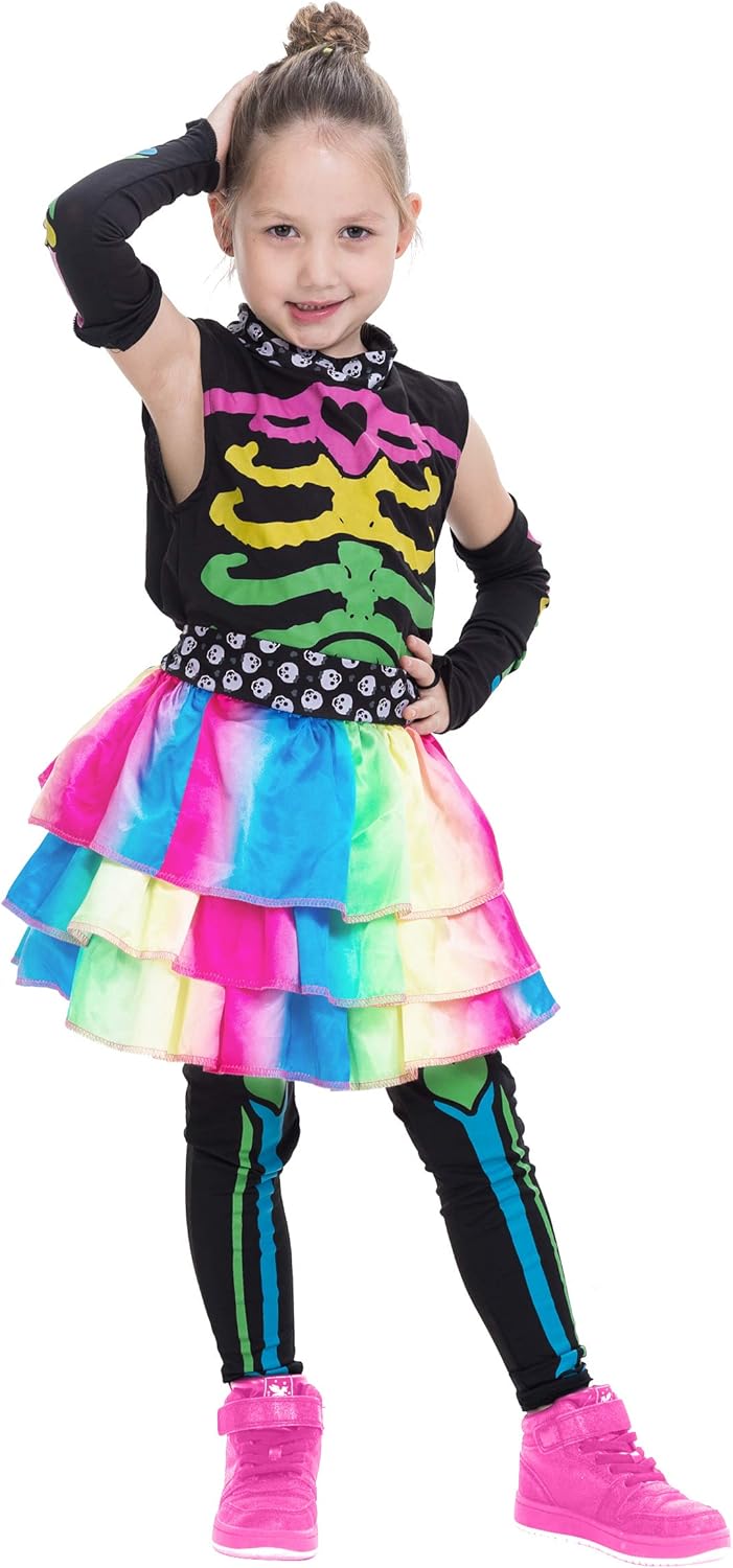 Funky Punky Bones Colorful Skeleton Deluxe Girls Costume Set with Hair Extensions for Halloween Costume Dress Up Parties. : Clothing, Shoes & Jewelry