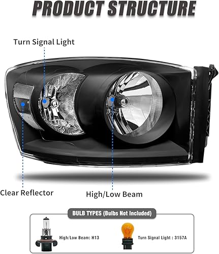 Miniatura 4 de Conjunto de faros delanteros Ram 2006 2007 2008 2009 carcasa negra compatible con Ram 1500/2006-2009 Ram 2500 3500 lente transparente con reflector