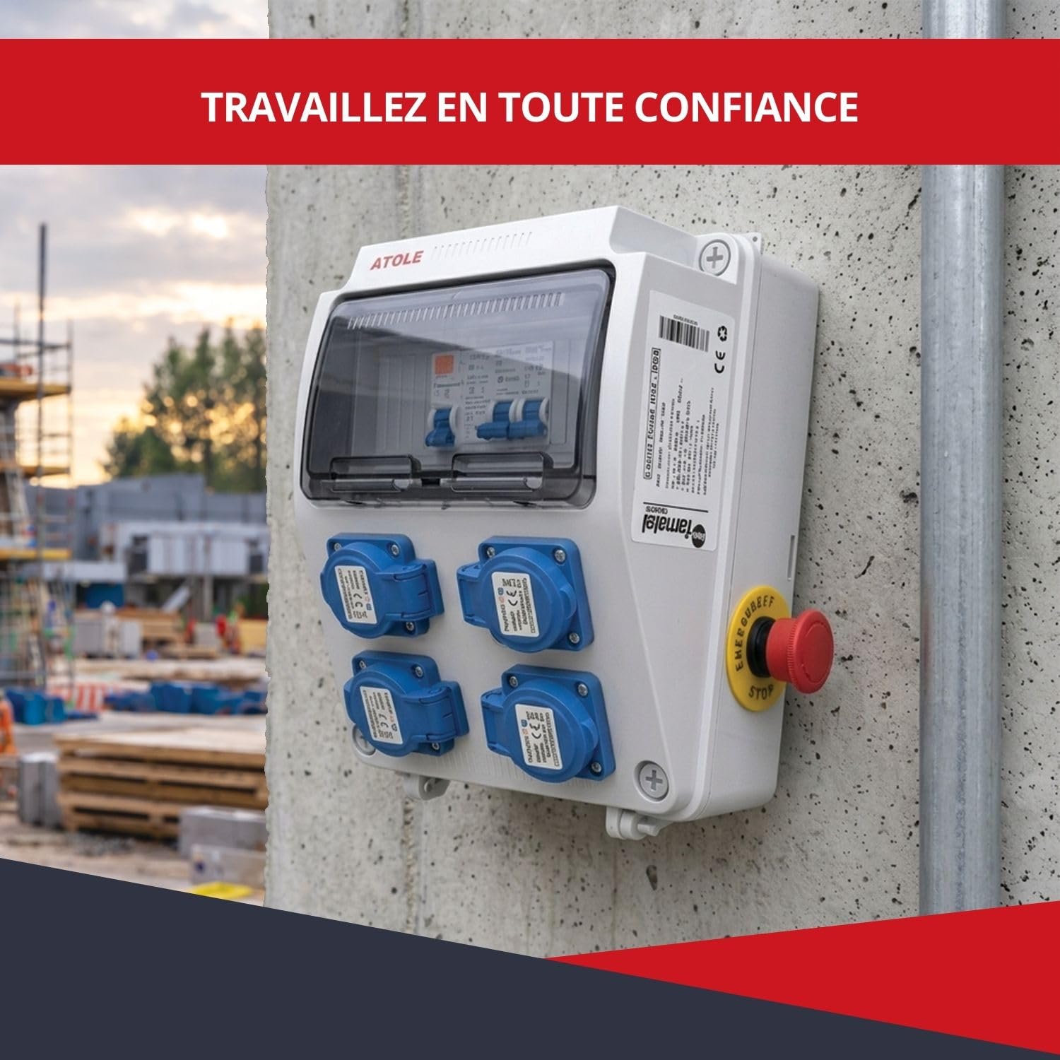 Coffret de Chantier monophasé - 4 Prises NF 2P+T - 50hZ - 16A NF - 250V - 9 modules