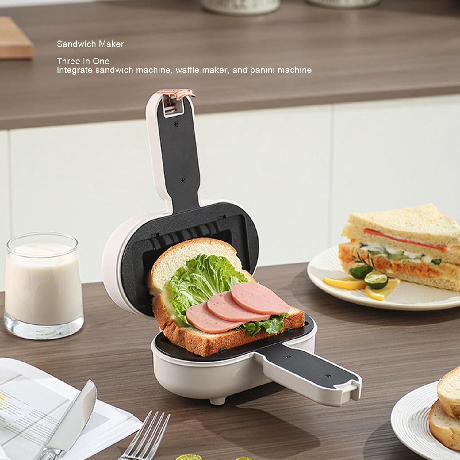 Pssopp 3 in 1 Panini Press, Non Stick Coating Safe and Reliable Multifunctional Sandwich Maker for Kitchen Breakfast Making (US Plug)