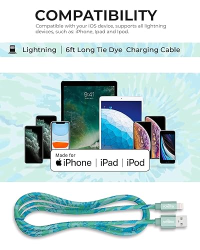 Miniatura 6 de LIQUIPEL Powertek - Cable de carga Lightning para iPad y iPhone, carga rápida, MFI de 6 pies, teñido anudado negro (verde)