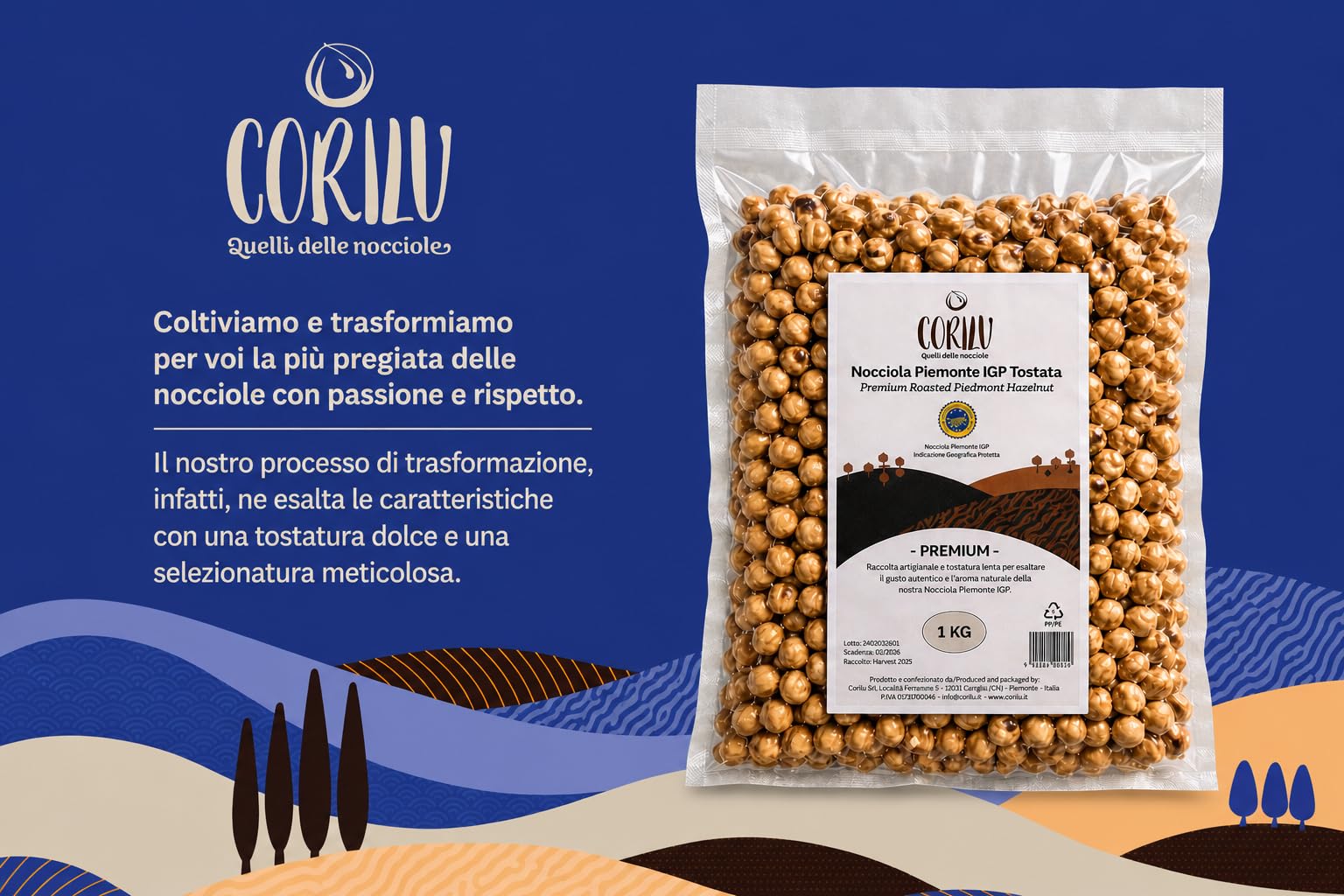 Corilu Nocciole Tostate Intere Piemonte IGP - Frutta Secca Snack Fonte di Fibre, Vitamine ed Antiossidanti - PREMIUM Nocciole Piemonte Igp Sgusciate Sacchetto Sottovuoto 1 kg