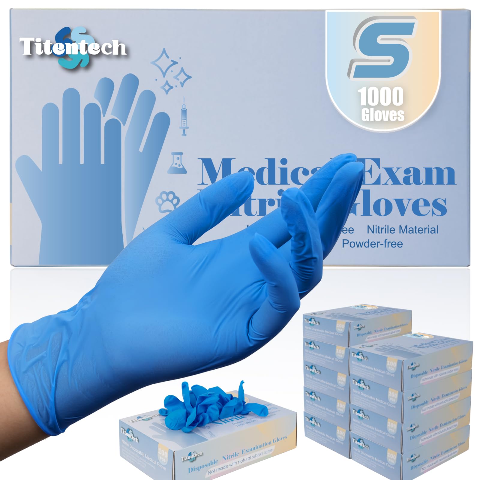 Titentech Nitrile Exam Gloves Disposable 3mil Blue Food Safe Gloves Latex Free, Powder Free, Medical, Cleaning, Cooking 1000
