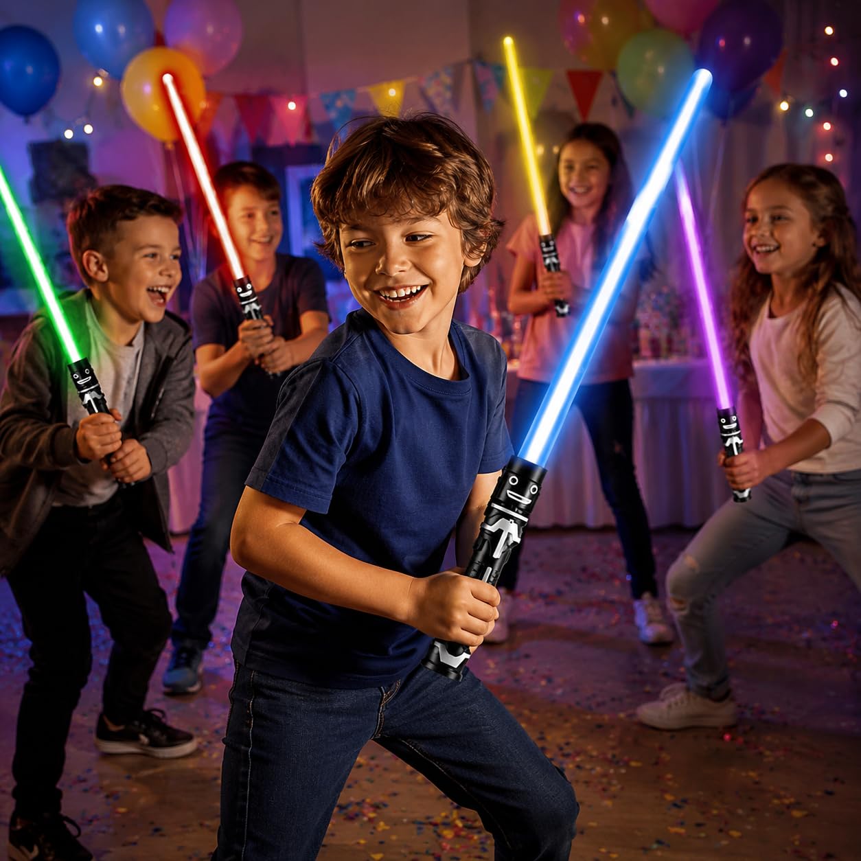 2 Stück Laserschwert Kinder, 2 in 1 Lichtschwert, Duell Lichtschwerter, Lichtschwert Doppelklinge mit 7 Farben und Soundeffekten, für Halloween Verkleidung, Partygeschenke (2PCS)