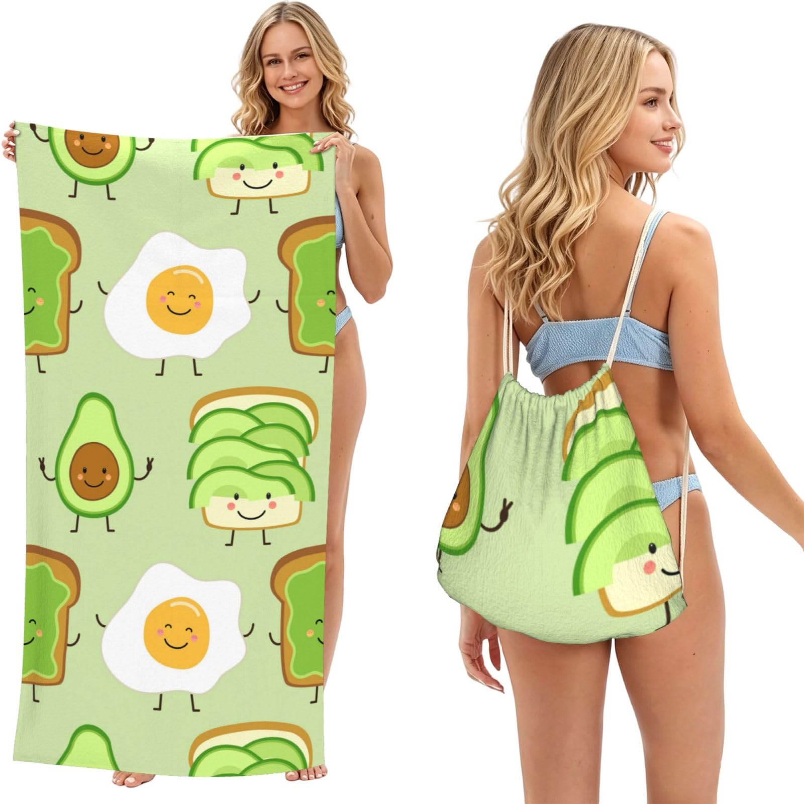 Poadnly As Picture Cute Avocado And Toast And Fied Egg, 2 In 1 Packable Towel Bag, Beach Towels With Drawstring Backpack For Travel Holiday Camping