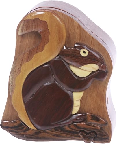 Caja de rompecabezas de ardilla secreta de Intarsia hecha a mano