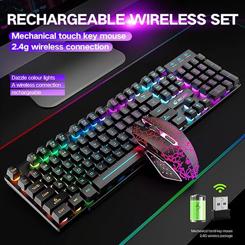Miniatura 2 de Combo de teclado y mouse inalámbricos para juegos con retroiluminación arco iris, silencioso, ergonómico, sensación mecánica, mouse antirfantasma,