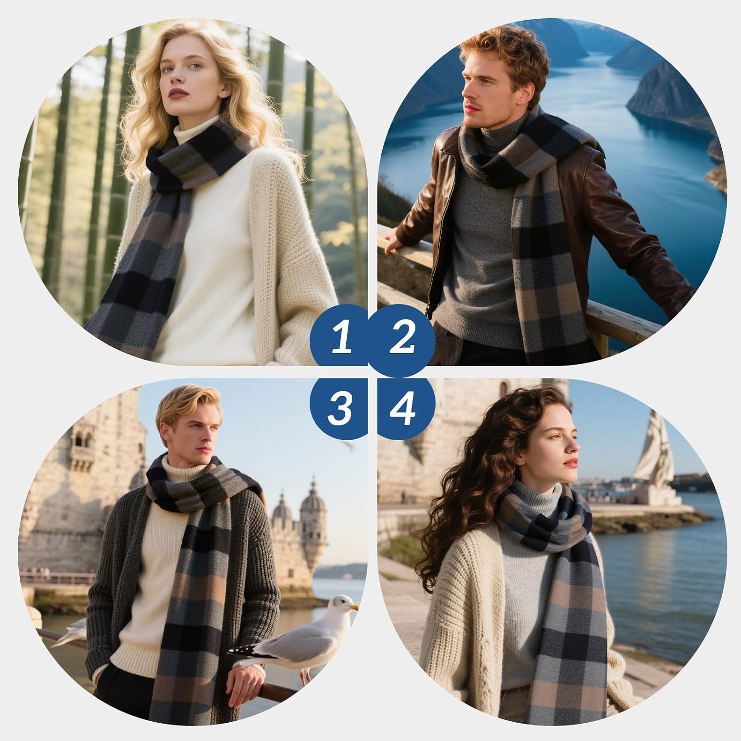 Merino Wool Plaid Scarf,Thick Soft Winter Wrap for Men Women