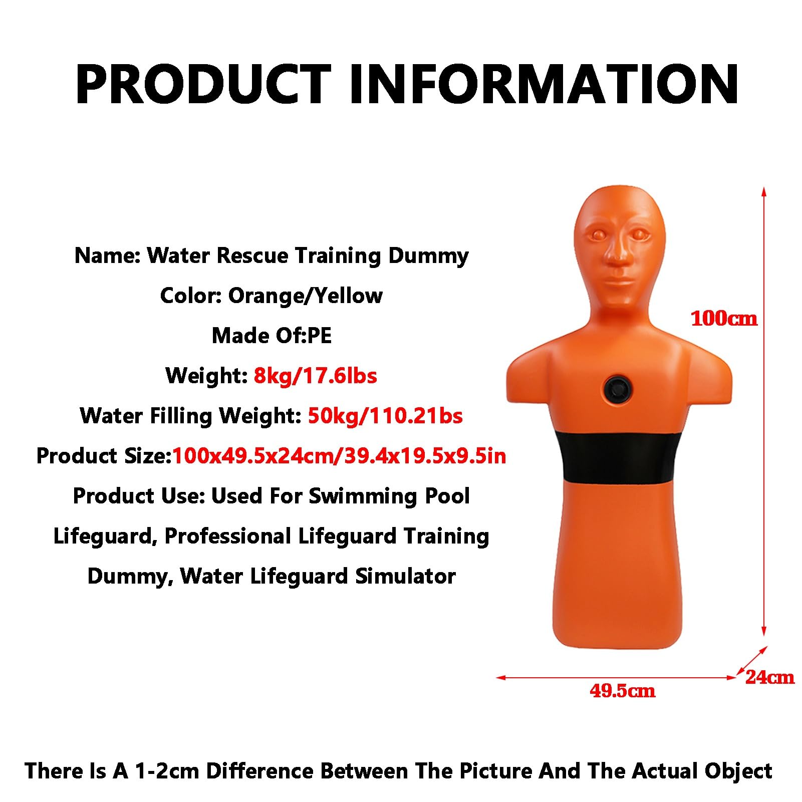 Maniquí de entrenamiento acuático para socorristas, maniquí de piscina con drenaje rápido y 3 agujeros de inyección de agua para adolescentes y adultos
