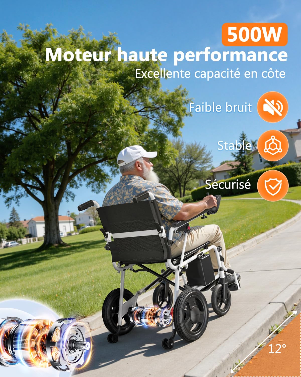 fauteuil roulant electrique pliable– autonomie 20 km, poids 16,8 kg, pliable et compact, idéal pour la maison et les voyages. Capacité de charge 125 kg, adapté à tous les terrains